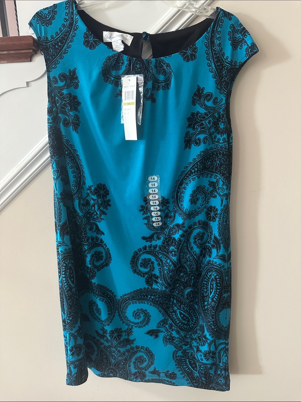 London Times Turquoise and Black Paisley Midi Sheath Dress